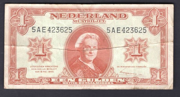 Netherlands, 1 Gulden, 1945, (WPM 70) 5AE 423625. Fine.