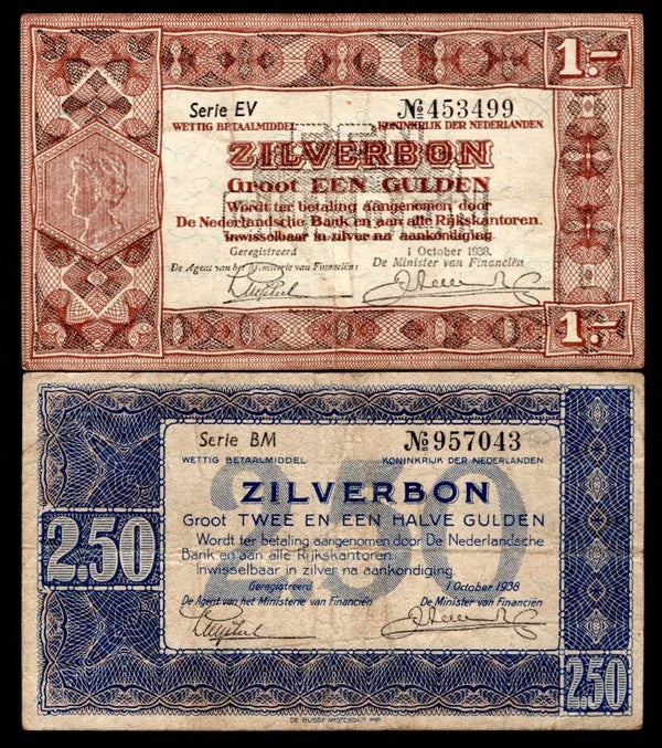 Netherlands, 1 & 2½ Zilverbon, both 1938. F-VF & pressed GF.