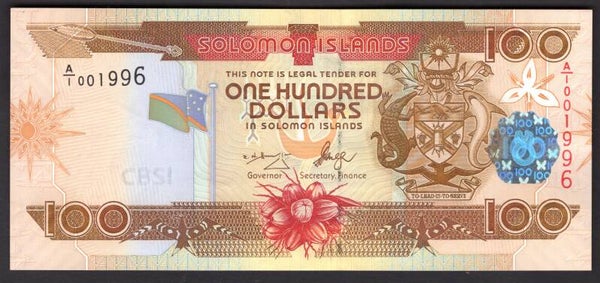 Solomon Islands, $100 (2006) First series, low number A/1 001996. AU-UNC.