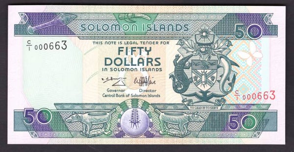 Solomon Islands, $50 (1997) First series, very low number C/1 000663. UNC.