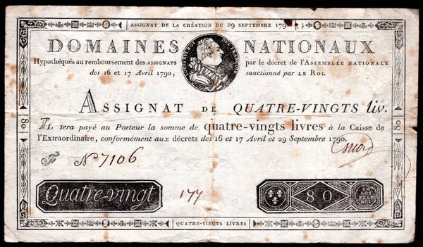 France, 80 Livres, 29-9-1790 (WPM A37). No 7106. Fine.