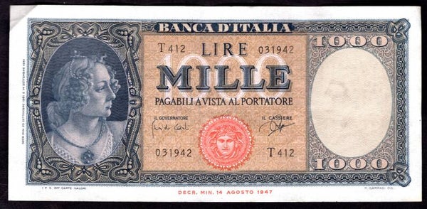 Italy, 1,000 Lire, 1961 (WPM 88d). T412 031942. GVF+.