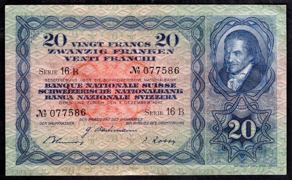Switzerland, 20 Francs, 4-12-1942 (WPM 39l). 16B 077586 GVF. dy14037