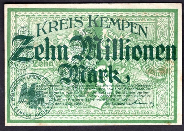 Germany. Kreis Kempen, 10 Millionen Mark, 1-Aug-1923. D.25219. Crisp NVF.