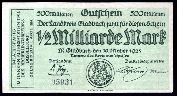 Germany, Munchen Gladbach, 1/2 Milliarde Mark, 10.10.23. No 95931. Crisp NVF.