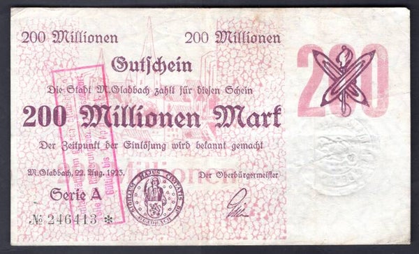 Germany. Munchen Gladbach 200 Millionen Mark, 22-Aug-1923. A 246413. Crisp F-VF.