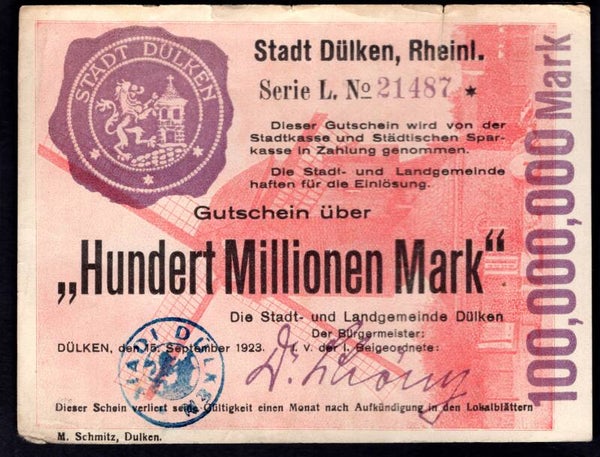 Germany, Stadt Dulken, Rheinland. 100 Millionen Mark 15-9-1923. 21487. NVF.