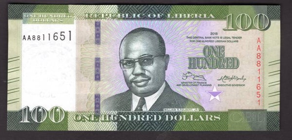 Liberia, 100 Dollars, 2015 (WPM 35). AA8811651. UNC.