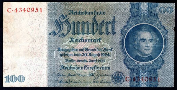 Germany, 100 Reichsmark, 24-6-1935 (Iss; 1945) (WPM 183b). C.4340951. F-VF.