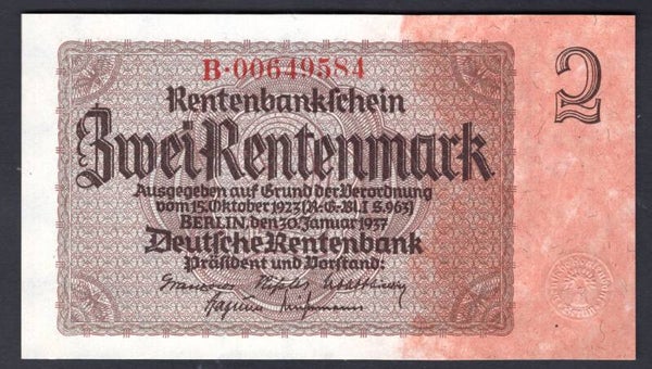 Germany, 2 Rentenmark, 10-1-1937 (WPM 174b). B.00649584. AU+.