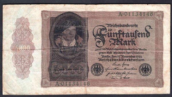 Germany, 5,000 Mark, 19-11-1922 (WPM 78). A.01134146. Fine.