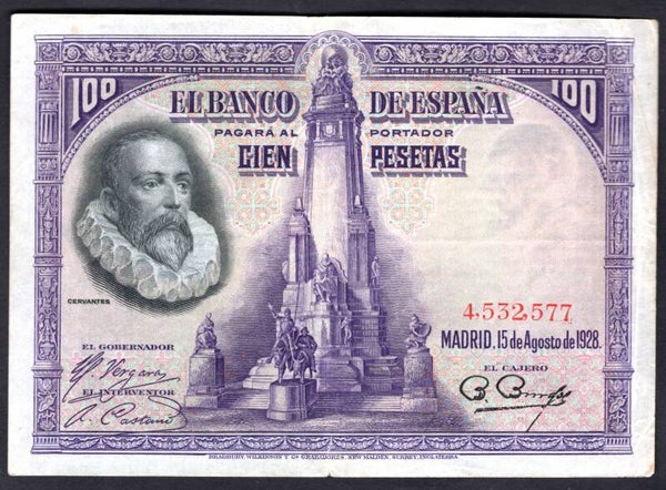 Spain, 100 Pesetas, 15-8-1928 (WPM 76a). 4,532,577. VF.
