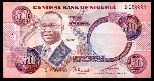 Nigeria, 10 Naira (C.1984) (WPM 21c). F/45 288888. Crisp GF+.