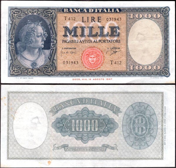 Italy. 1,000 Lire 1961 T412 031943 VF.  dy14461