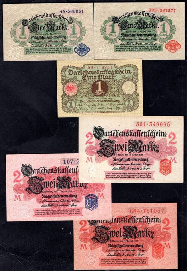 Germany, 6 Banknotes 1914-1920. Details below. DY14499.