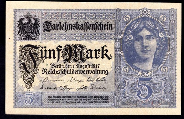 Germany. 5 Mark 1-8-1917. (WPM 56b). AU+.