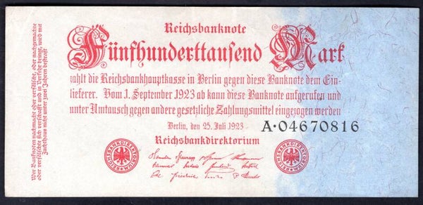 Germany. 500,000 Mark 25-7-1923. (WPM 92). A.04670816. GVF.
