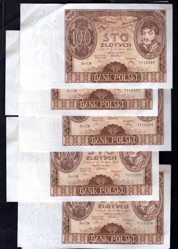 Poland, Bank Polski, 100 Zloty, 5 Consecutive, 1934, CM 7110392-7110396. GVF+.