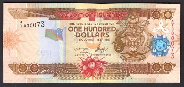 Solomon Islands, $100 (2006) First series, very low number A/1 000073. AU-UNC.