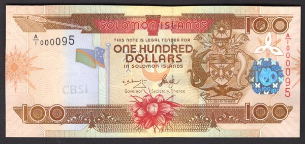 Solomon Islands, $100 (2006) First series, very low number A/1 000095. AU-UNC.