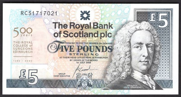 Scotland, Royal Bank, £5, 1-7-2005 (PMS RB100). Royal College Surgeons. UNC.