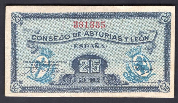 Spain, Consejo De Asturia Y Leon, 25 centimos (C.1936), 331335 (WPM S601). GVF.