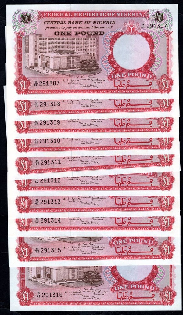 Nigeria, £1 (1967) (WPM 8), 10 Consecutive, B/62 291307-291316. EF.