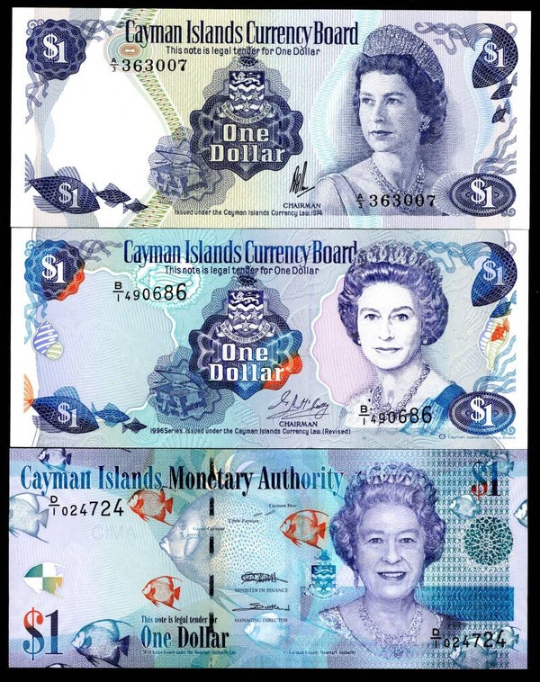 Cayman Islands, 3 x $1, QEII 3 different portraits. 1974-2011.