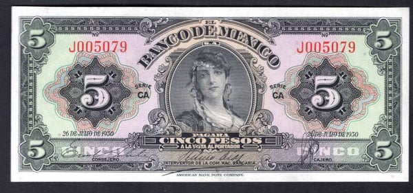 Mexico, 5 Pesos, 26-July-1950 (WPM 34l). J005079. NEF.