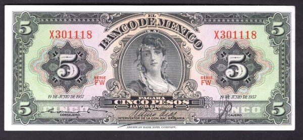 Mexico, 5 Pesos, 19-June-1957 (WPM 60a) X301118. GEF.