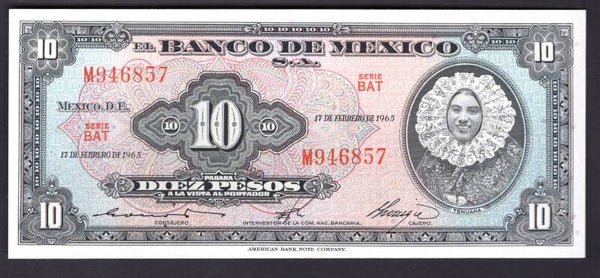 Mexico, 10 Pesos, 17-February-1965 (WPM 58k). M946857. UNC.
