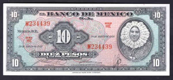 Mexico, 10 Pesos, 20-August-1958 (WPM 58e). M234439. NEF.
