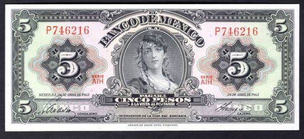 Mexico, 5 Pesos, 24-April-1963 (WPM 60h). P746216. UNC.