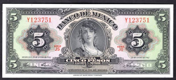 Mexico, 5 Pesos, 25-January-1961 (WPM 60f). Y123751. UNC.