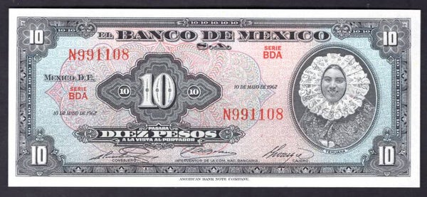 Mexico, 10 Pesos, 10-May-1967 (WPM 58l). N991108. UNC.