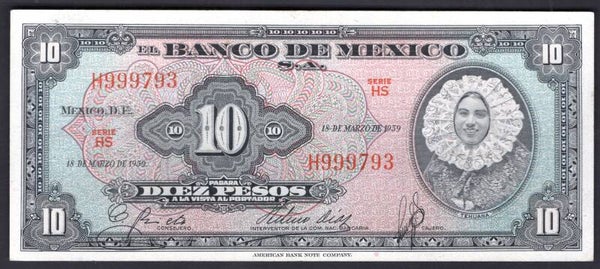 Mexico, 10 Pesos, 18-March-1959 (WPM 58). H999793. VF-EF.