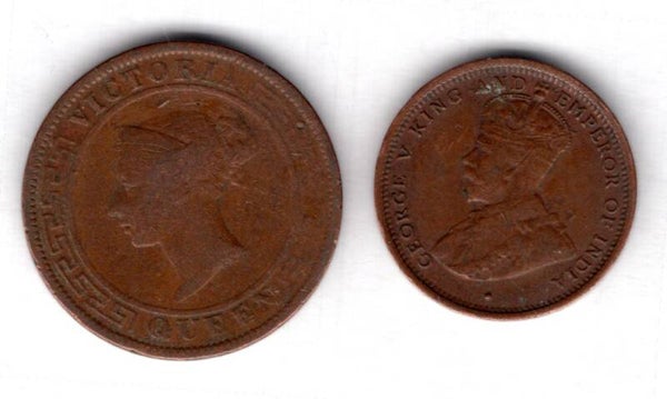 Ceylon (2). 1/2 Cent 1914 & Cent 1870.