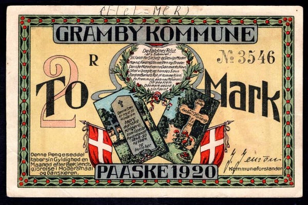 Denmark, Gramby, 2 Mark Notgeld, 1920. R 3546. GVF.