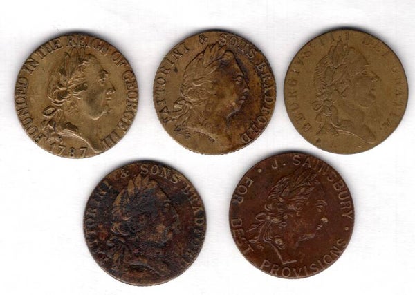 5 Tokens, Sainsbury, Pearsall, Fattorini (2) & Barrons.