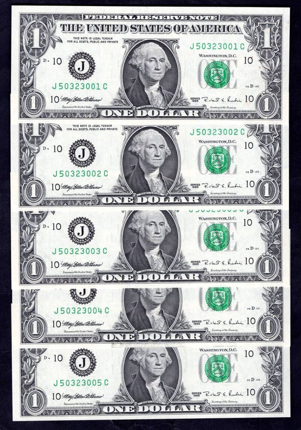 USA, Federal Reserve, Kansas City, 10 x $1 consecutive 1995. AU+.