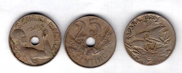 Spain, 25 Centimos, 1925, 1927 & 1934.   dy16109