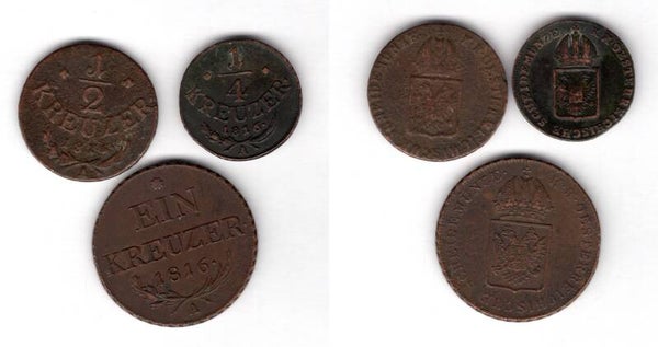 Austria. 1/4, 1/2 & 1 Kreuzer all 1816A .  dy16343.