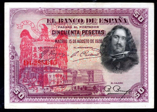 Spain. 50 Pesetas, Red overprint 1928. Crisp GVF+.