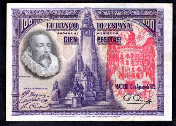 Spain. 100 Pesetas. Red Overprint. 1928, A9,146,745. Crisp VF.