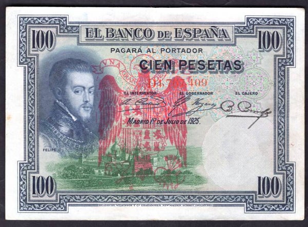 Spain. 100 Pesetas 1925. Red Overprint. GVF+.