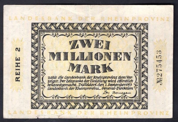 Germany. Dusseldorf Two Million Mark 1-9-1923. No 275453. GF.