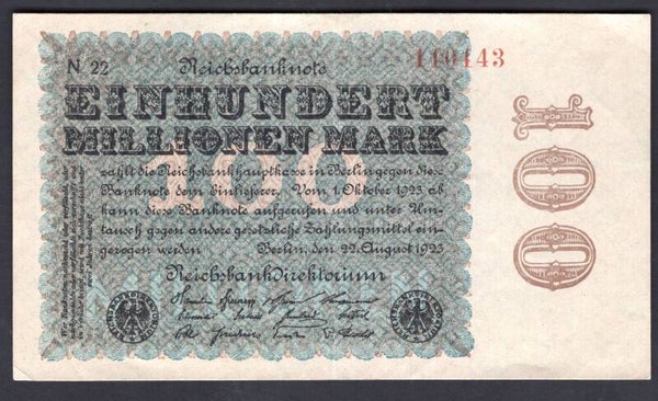 Germany. 100 Million Mark. 22-8-1923. No 110143. GVF+.