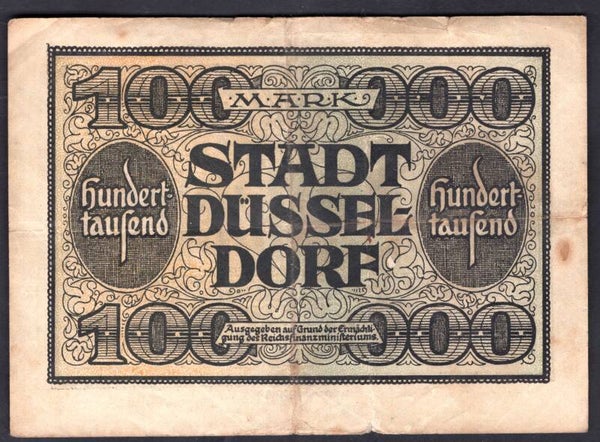 Germany. Dusseldorf. 100,000 Mark, 15-7-1923. No 033004. GF.