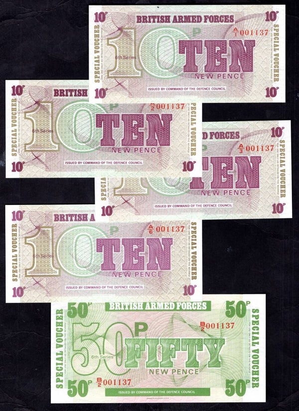 GB Military, British Armed Forces, 9 notes matching numbers 001137. AU-UNC.