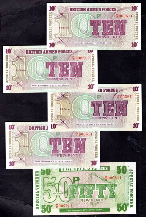 GB Military, British Armed Forces, 7 notes matching numbers 000611. UNC.